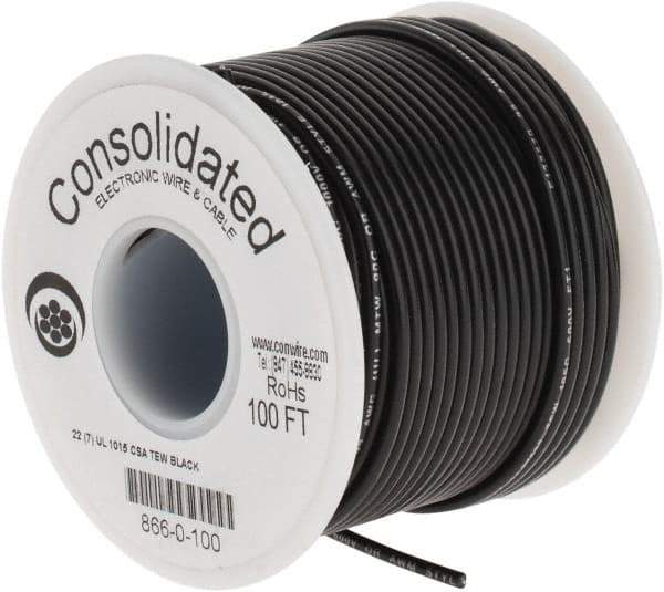 Made in USA - 22 AWG, 7 Strand, 100' OAL, Tinned Copper Hook Up Wire - Black PVC Jacket, 0.091" Diam - Eagle Tool & Supply