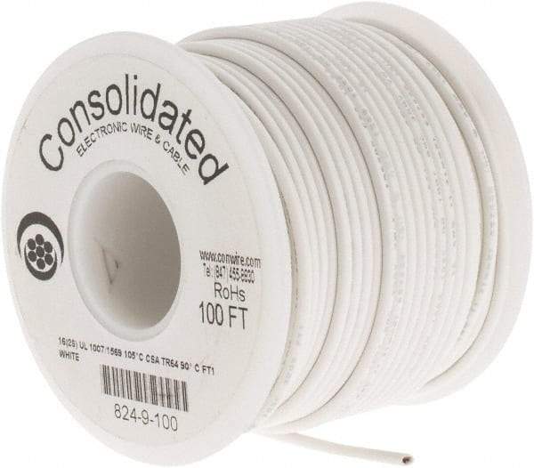 Made in USA - 16 AWG, 26 Strand, 100' OAL, Tinned Copper Hook Up Wire - White PVC Jacket, 0.092" Diam - Eagle Tool & Supply