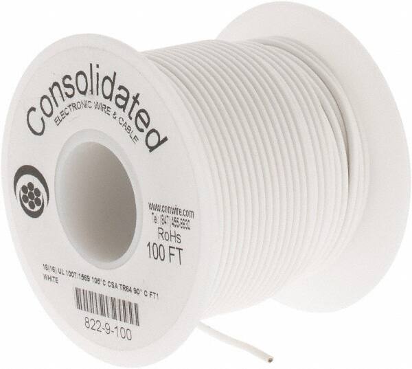 Made in USA - 18 AWG, 16 Strand, 100' OAL, Tinned Copper Hook Up Wire - White PVC Jacket, 0.08" Diam - Eagle Tool & Supply