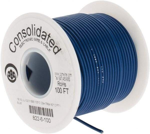 Made in USA - 18 AWG, 16 Strand, 100' OAL, Tinned Copper Hook Up Wire - Blue PVC Jacket, 0.08" Diam - Eagle Tool & Supply