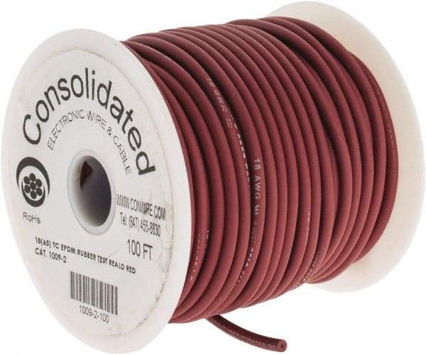 Made in USA - 18 AWG, 65 Strand, 100' OAL, Tinned Copper Hook Up Wire - Red EPDM Jacket, 0.145" Diam - Eagle Tool & Supply