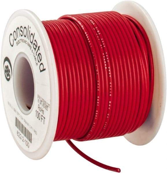 Made in USA - 18 AWG, 16 Strand, 100' OAL, Tinned Copper Hook Up Wire - Red PVC Jacket, 0.08" Diam - Eagle Tool & Supply