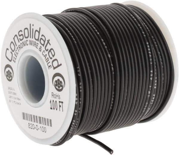 Made in USA - 20 AWG, 10 Strand, 100' OAL, Tinned Copper Hook Up Wire - Black PVC Jacket, 0.07" Diam - Eagle Tool & Supply