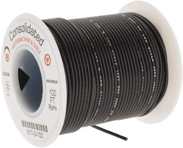 Made in USA - 24 AWG, 7 Strand, 100' OAL, Tinned Copper Hook Up Wire - Black PVC Jacket, 0.056" Diam - Eagle Tool & Supply