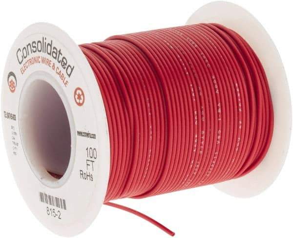 Made in USA - 26 AWG, 7 Strand, 100' OAL, Tinned Copper Hook Up Wire - Red PVC Jacket, 0.051" Diam - Eagle Tool & Supply