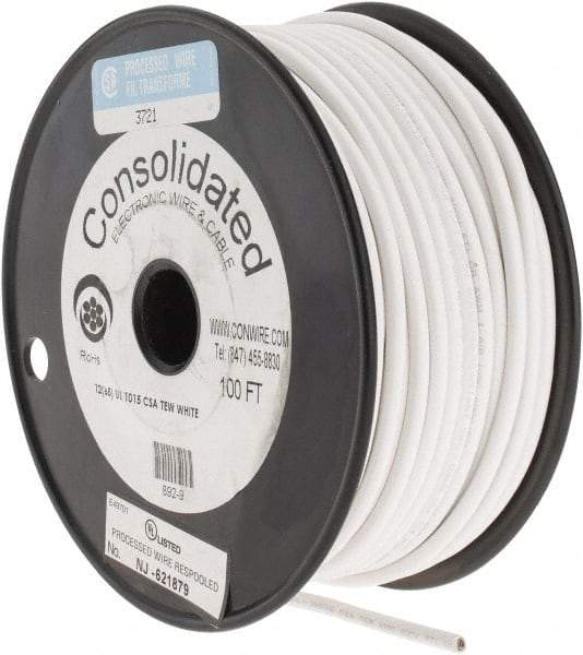 Made in USA - 12 AWG, 65 Strand, 100' OAL, Tinned Copper Hook Up Wire - White PVC Jacket, 0.155" Diam - Eagle Tool & Supply