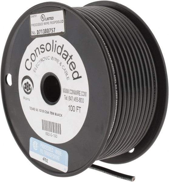 Made in USA - 12 AWG, 65 Strand, 100' OAL, Tinned Copper Hook Up Wire - Black PVC Jacket, 0.155" Diam - Eagle Tool & Supply