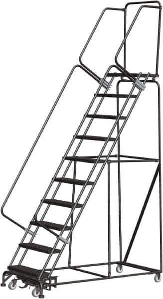 Ballymore - 133" 10 Step Rolling Warehouse Ladder - Lock Step Rolling Safety Ladder, 450 Lb Capacity, 100" Platform Height, 32" Base Width x 74" Base Depth, Perforated Tread - Eagle Tool & Supply