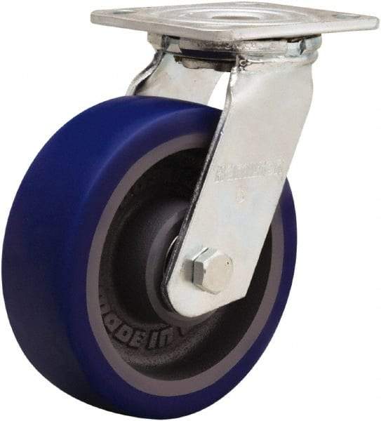 Hamilton - 6" Diam x 2" Wide x 7-1/2" OAH Top Plate Mount Swivel Caster - Polyurethane Mold onto Cast Iron Center, 900 Lb Capacity, Sealed Precision Ball Bearing, 4 x 4-1/2" Plate - Eagle Tool & Supply