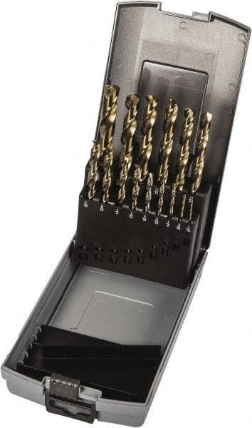 Precision Twist Drill - 1/16 to 1/2", 135° Point, Gold Finish, Cobalt Jobber Length Drill Bit Set - Eagle Tool & Supply