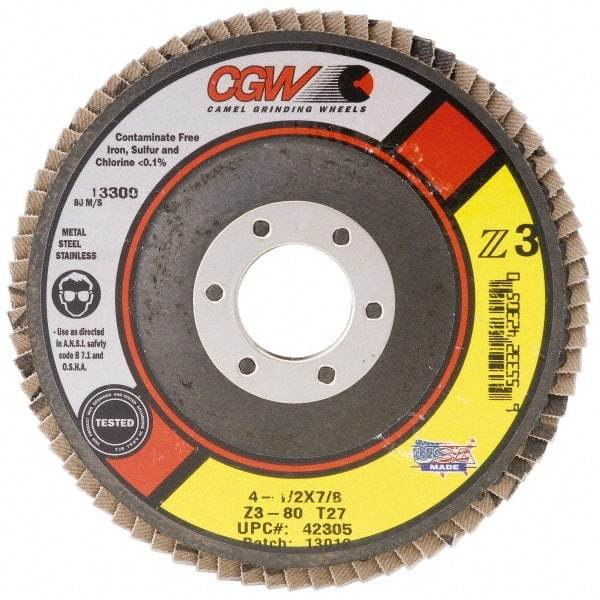 Camel Grinding Wheels - 80 Grit, 7" Disc Diam, 5/8-11 Center Hole, Type 27 Zirconia Alumina Flap Disc - 8,600 Max RPM, Poly Cotton Backing, Arbor Attaching System, Coated - Eagle Tool & Supply