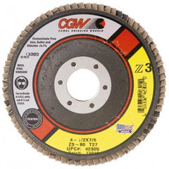 Camel Grinding Wheels - 80 Grit, 7" Disc Diam, 5/8-11 Center Hole, Type 27 Zirconia Alumina Flap Disc - 8,600 Max RPM, Poly Cotton Backing, Arbor Attaching System, Coated - Eagle Tool & Supply