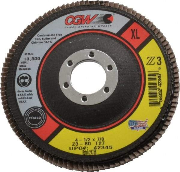 Camel Grinding Wheels - 80 Grit, 4-1/2" Disc Diam, 7/8" Center Hole, Type 27 Zirconia Alumina Flap Disc - 13,300 Max RPM, Poly Cotton Backing, Arbor Attaching System, Coated - Eagle Tool & Supply