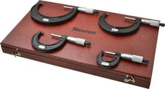 Starrett - 0 to 4" Range, 4 Piece Mechanical Outside Micrometer Set - 0.0001" Graduation, Ratchet Stop Thimble, Carbide Tipped Face - Eagle Tool & Supply