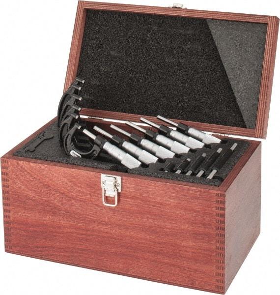 Starrett - 0 to 6" Range, 6 Piece Mechanical Outside Micrometer Set - 0.0001" Graduation, Ratchet Stop Thimble, Carbide Tipped Face - Eagle Tool & Supply