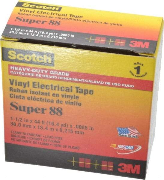 3M - 1-1/2" x 44', Black Vinyl Electrical Tape - Series 88, 8.5 mil Thick, 20 Lb./Inch Tensile Strength - Eagle Tool & Supply