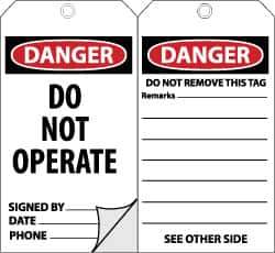 NMC - 3" High x 6" Long, DANGER - DO NOT OPERATE, English Safety & Facility Accident Prevention Tag - Tag Header: Danger, 2 Sides, Black, Red & White Self-Laminated Unrippable Vinyl - Eagle Tool & Supply