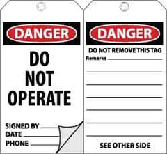 NMC - 3" High x 6" Long, DANGER - DO NOT OPERATE, English Safety & Facility Accident Prevention Tag - Tag Header: Danger, 2 Sides, Black, Red & White Self-Laminated Unrippable Vinyl - Eagle Tool & Supply
