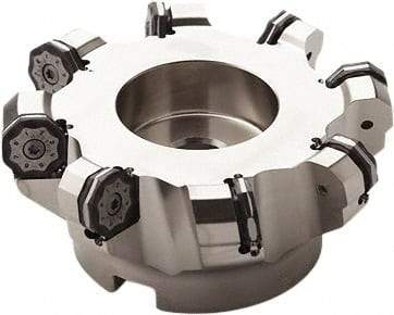 Seco - 78mm Cut Diam, 22mm Arbor Hole, 6mm Max Depth of Cut, 40° Indexable Chamfer & Angle Face Mill - 5 Inserts, ON.. 0905 Insert, Right Hand Cut, 5 Flutes, Through Coolant, Series Double OctoMill - Eagle Tool & Supply
