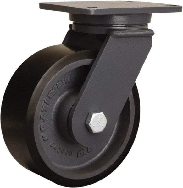 Hamilton - 8" Diam x 3" Wide x 10-1/2" OAH Top Plate Mount Swivel Caster - Polyurethane Mold onto Cast Iron Center, 3,250 Lb Capacity, Tapered Roller Bearing, 5-1/4 x 7-1/4" Plate - Eagle Tool & Supply