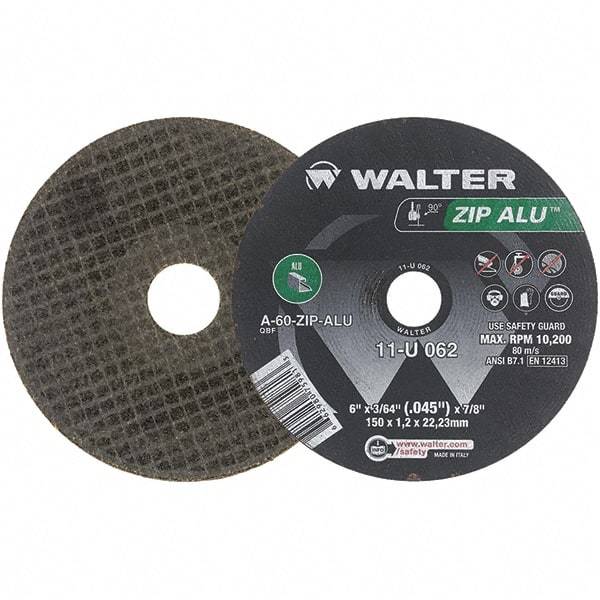 WALTER Surface Technologies - 6" 60 Grit Aluminum Oxide Cutoff Wheel - 3/64" Thick, 7/8" Arbor, 10,200 Max RPM, Use with Angle Grinders - Eagle Tool & Supply