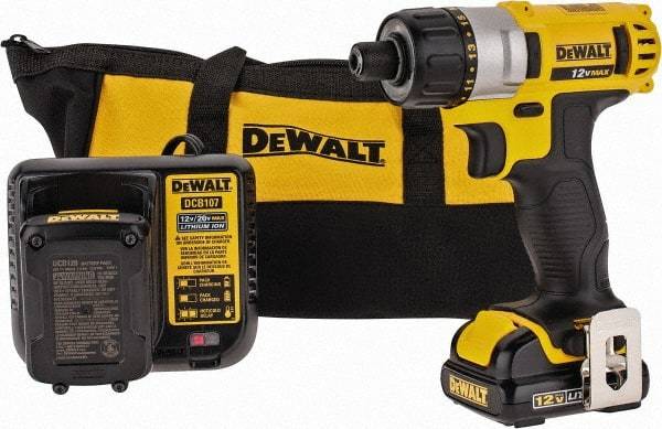 DeWALT - 12 Volt 1/4" Chuck Pistol Grip Handle Cordless Drill - 0-1050 RPM, Keyless Chuck, Reversible, 2 Lithium-Ion Batteries Included - Eagle Tool & Supply