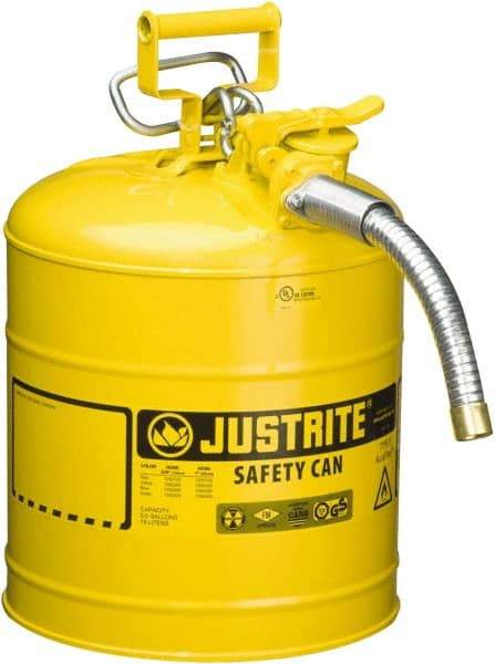 Justrite - 5 Gal Galvanized Steel Self-Closing, Self-Venting, Full-Length Flame Arrester - 16-7/8" High x 11-3/4" Diam, Yellow - Eagle Tool & Supply