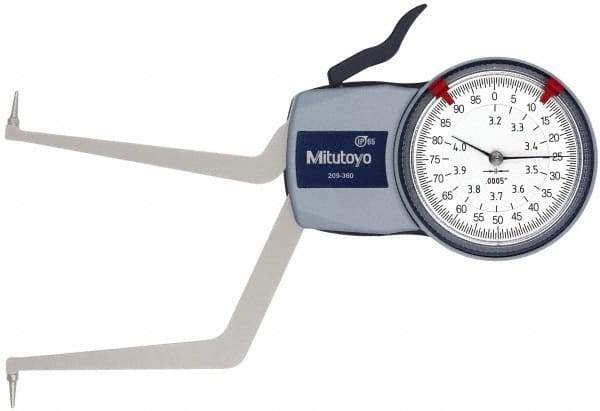 Mitutoyo - 3.2 to 4" Inside Dial Caliper Gage - 0.0005" Graduation, 0.0015" Accuracy, 3.3" Leg Length, 0.31" Deep x 0.06" Wide Groove, Ball Contact Points - Eagle Tool & Supply