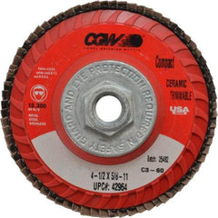 Camel Grinding Wheels - 60 Grit, 4-1/2" Disc Diam, 5/8-11 Center Hole, Type 27 Ceramic Flap Disc - 13,300 Max RPM, Polyester Backing, Arbor Attaching System, Coated - Eagle Tool & Supply