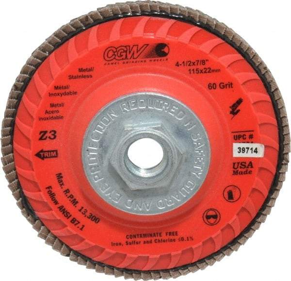 Camel Grinding Wheels - 60 Grit, 4-1/2" Disc Diam, 5/8-11 Center Hole, Type 27 Zirconia Alumina Flap Disc - 13,300 Max RPM, Poly Cotton Backing, Arbor Attaching System, Coated - Eagle Tool & Supply