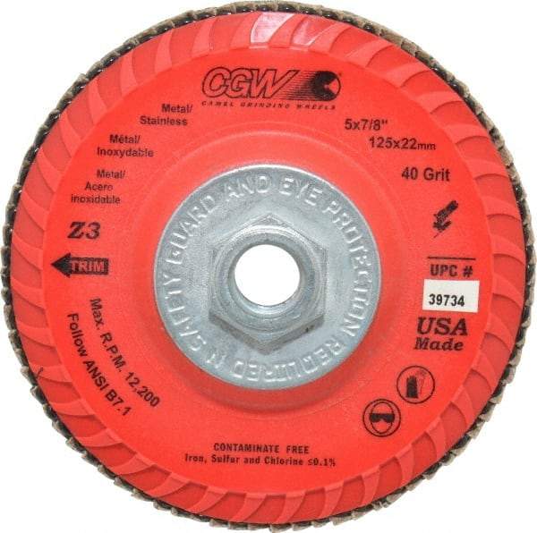 Camel Grinding Wheels - 40 Grit, 5" Disc Diam, 5/8-11 Center Hole, Type 27 Zirconia Alumina Flap Disc - 12,200 Max RPM, Poly Cotton Backing, Arbor Attaching System, Coated - Eagle Tool & Supply