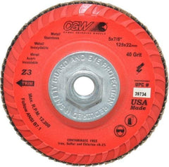 Camel Grinding Wheels - 40 Grit, 5" Disc Diam, 5/8-11 Center Hole, Type 27 Zirconia Alumina Flap Disc - 12,200 Max RPM, Poly Cotton Backing, Arbor Attaching System, Coated - Eagle Tool & Supply