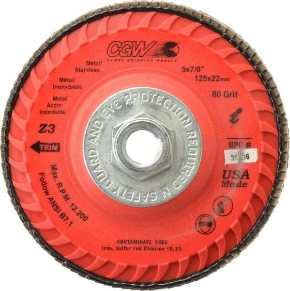 Camel Grinding Wheels - 80 Grit, 5" Disc Diam, 5/8-11 Center Hole, Type 27 Zirconia Alumina Flap Disc - 12,200 Max RPM, Poly Cotton Backing, Arbor Attaching System, Coated - Eagle Tool & Supply