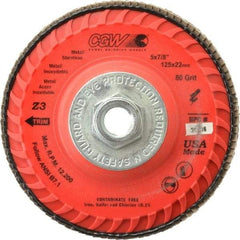 Camel Grinding Wheels - 80 Grit, 5" Disc Diam, 5/8-11 Center Hole, Type 27 Zirconia Alumina Flap Disc - 12,200 Max RPM, Poly Cotton Backing, Arbor Attaching System, Coated - Eagle Tool & Supply