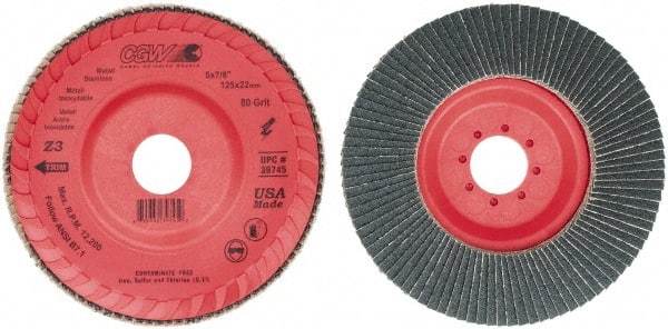 Camel Grinding Wheels - 80 Grit, 5" Disc Diam, 7/8" Center Hole, Type 27 Zirconia Alumina Flap Disc - 12,200 Max RPM, Poly Cotton Backing, Arbor Attaching System, Coated - Eagle Tool & Supply
