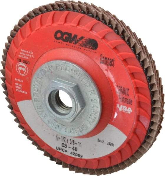Camel Grinding Wheels - 40 Grit, 4-1/2" Disc Diam, 5/8-11 Center Hole, Type 27 Ceramic Flap Disc - 13,300 Max RPM, Polyester Backing, Arbor Attaching System, Coated - Eagle Tool & Supply