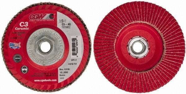 Camel Grinding Wheels - 40 Grit, 5" Disc Diam, 5/8-11 Center Hole, Type 27 Ceramic Flap Disc - 12,200 Max RPM, Polyester Backing, Arbor Attaching System, Coated - Eagle Tool & Supply