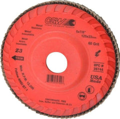 Camel Grinding Wheels - 60 Grit, 5" Disc Diam, 7/8" Center Hole, Type 27 Zirconia Alumina Flap Disc - 12,200 Max RPM, Poly Cotton Backing, Arbor Attaching System, Coated - Eagle Tool & Supply