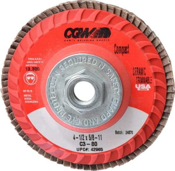 Camel Grinding Wheels - 80 Grit, 4-1/2" Disc Diam, 5/8-11 Center Hole, Type 27 Ceramic Flap Disc - 13,300 Max RPM, Polyester Backing, Arbor Attaching System, Coated - Eagle Tool & Supply