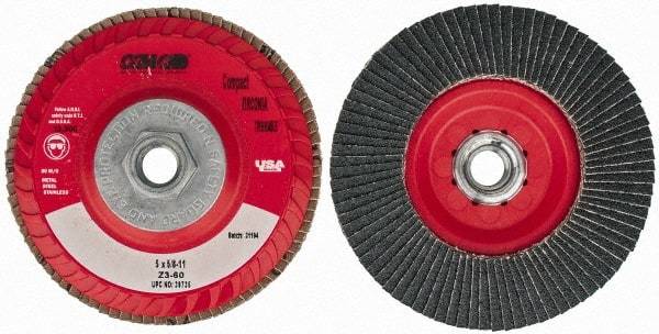 Camel Grinding Wheels - 60 Grit, 5" Disc Diam, 5/8-11 Center Hole, Type 27 Zirconia Alumina Flap Disc - 12,200 Max RPM, Poly Cotton Backing, Arbor Attaching System, Coated - Eagle Tool & Supply