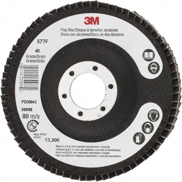 3M - 40 Grit, 4-1/2" Disc Diam, 7/8" Center Hole, Type 29 Zirconia Alumina Flap Disc - 13,300 Max RPM, Cloth Backing, Arbor Attaching System, Coated - Eagle Tool & Supply