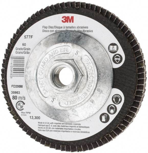 3M - 60 Grit, 4-1/2" Disc Diam, 5/8-11 Center Hole, Type 27 Zirconia Alumina Flap Disc - 13,300 Max RPM, Cloth Backing, Arbor Attaching System, Coated - Eagle Tool & Supply