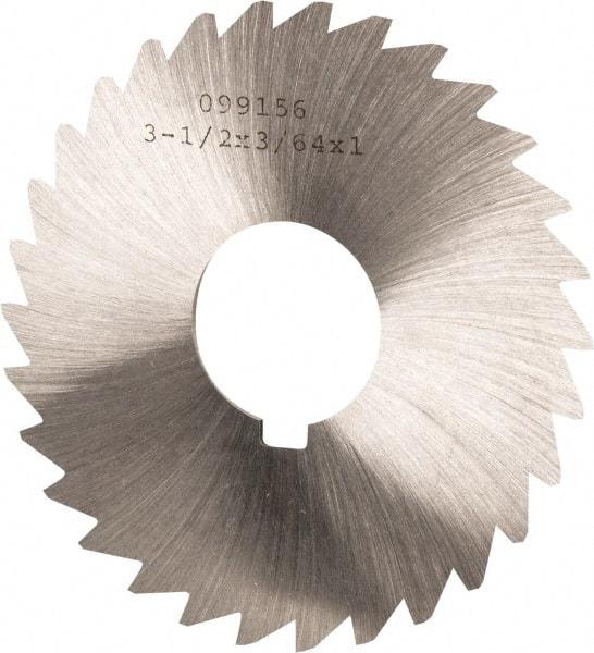 Made in USA - 3-1/2" Diam x 3/64" Blade Thickness x 1" Arbor Hole Diam, 34 Tooth Slitting and Slotting Saw - Arbor Connection, Right Hand, Uncoated, High Speed Steel, Concave Ground, Contains Keyway - Eagle Tool & Supply