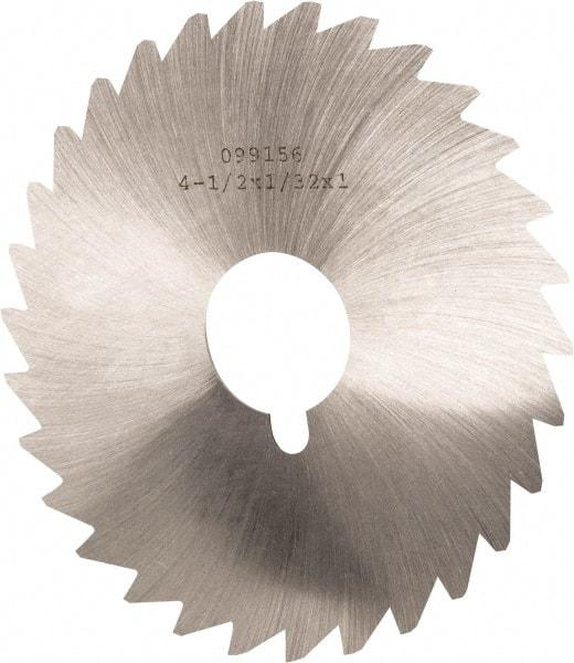 Made in USA - 4-1/2" Diam x 1/32" Blade Thickness x 1" Arbor Hole Diam, 36 Tooth Slitting and Slotting Saw - Arbor Connection, Right Hand, Uncoated, High Speed Steel, Concave Ground, Contains Keyway - Eagle Tool & Supply