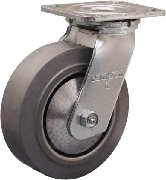 Hamilton - 6" Diam x 2" Wide x 7-1/2" OAH Top Plate Mount Swivel Caster - Rubber Mold on Aluminum, 410 Lb Capacity, Straight Roller Bearing, 4 x 4-1/2" Plate - Eagle Tool & Supply