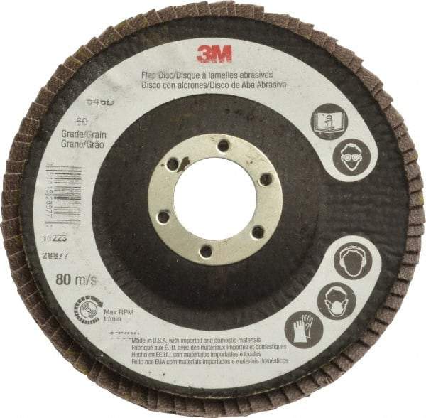 3M - 60 Grit, 4-1/2" Disc Diam, 7/8" Center Hole, Type 29 Zirconia Alumina Flap Disc - Cloth Backing, Arbor Attaching System, Coated - Eagle Tool & Supply