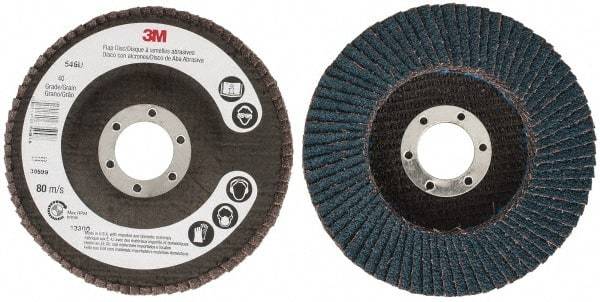 3M - 40 Grit, 4-1/2" Disc Diam, 7/8" Center Hole, Type 27 Zirconia Alumina Flap Disc - 13,300 Max RPM, Cloth Backing, Arbor Attaching System, Coated - Eagle Tool & Supply