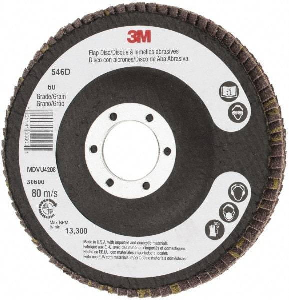 3M - 60 Grit, 4-1/2" Disc Diam, 7/8" Center Hole, Type 27 Zirconia Alumina Flap Disc - 13,300 Max RPM, Cloth Backing, Arbor Attaching System, Coated - Eagle Tool & Supply