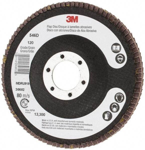 3M - 120 Grit, 4-1/2" Disc Diam, 7/8" Center Hole, Type 27 Zirconia Alumina Flap Disc - Cloth Backing, Arbor Attaching System, Coated - Eagle Tool & Supply