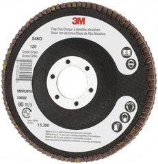 3M - 120 Grit, 4-1/2" Disc Diam, 7/8" Center Hole, Type 27 Zirconia Alumina Flap Disc - Cloth Backing, Arbor Attaching System, Coated - Eagle Tool & Supply